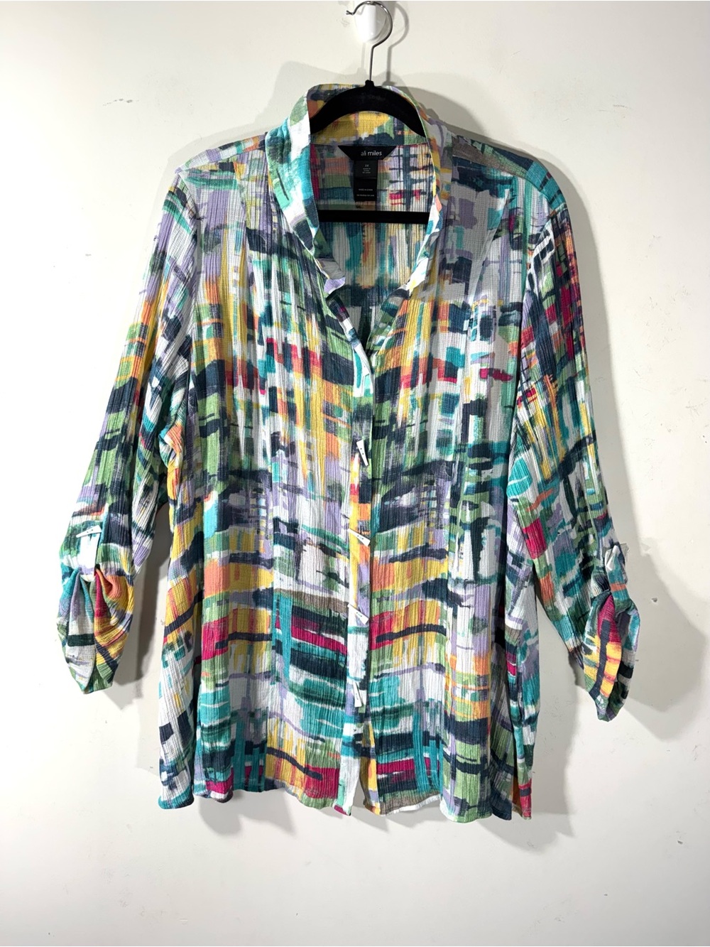 Ali Miles Colorful Abstract Print Tunic Blouse 3X Artsy Button Front